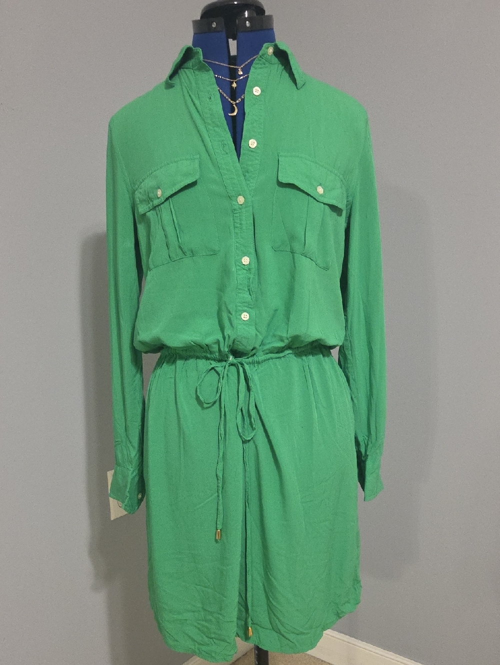Lauren Ralph Lauren Green Long-Sleeve Shirt Dress with Drawstring